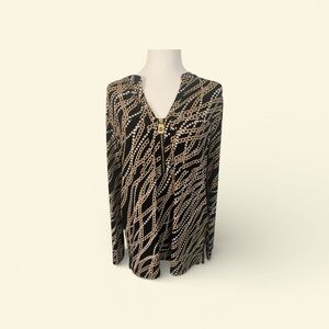 Michael Kors Black Gold Chain Print Zip Front Blouse Medium